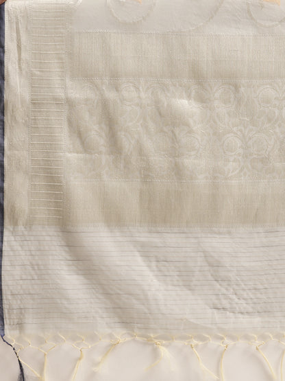 Faishana Presents Handwoven Grey Masrise Cotton Tilfi Jaal Zari Border With Grey Blouse Banarasi Saree