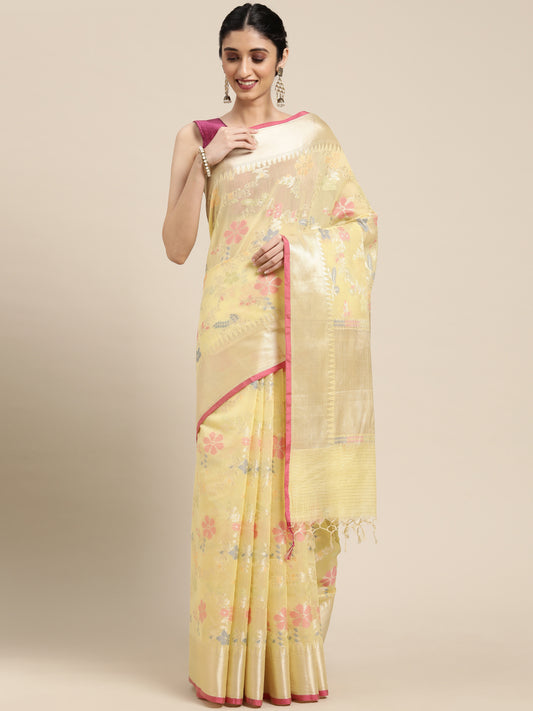Faishana Presents Handwoven Yellow Masrise Cotton Tilfi Jaal Zari Border With Yellow  Blouse Banarasi Saree