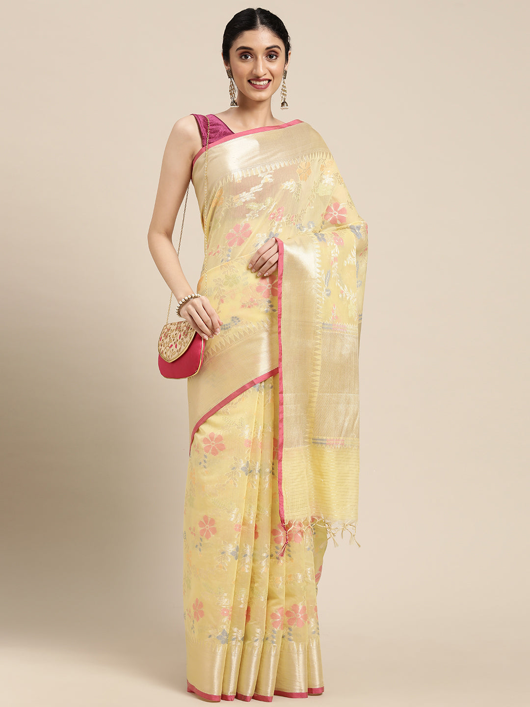 Faishana Presents Handwoven Yellow Masrise Cotton Tilfi Jaal Zari Border With Yellow  Blouse Banarasi Saree