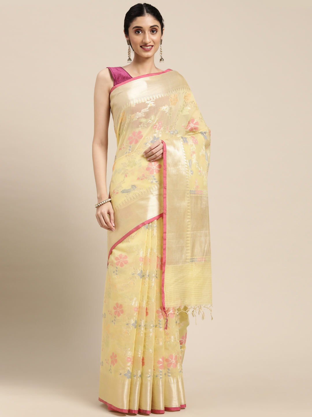 Faishana Presents Handwoven Yellow Masrise Cotton Tilfi Jaal Zari Border With Yellow  Blouse Banarasi Saree