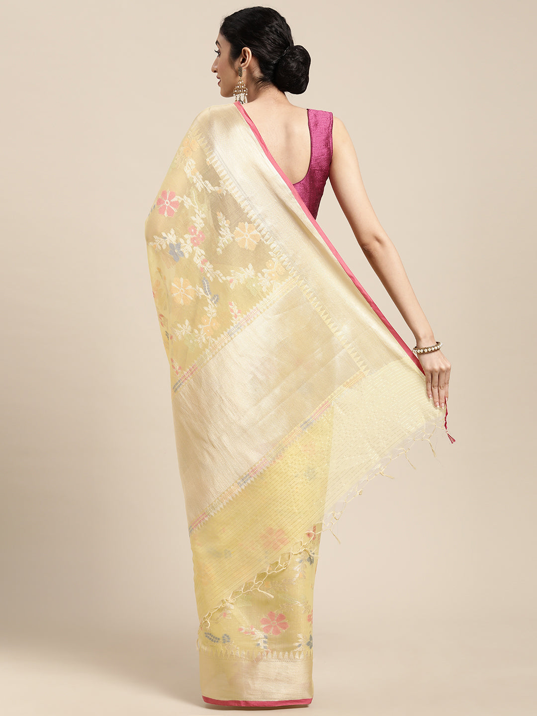 Faishana Presents Handwoven Yellow Masrise Cotton Tilfi Jaal Zari Border With Yellow  Blouse Banarasi Saree