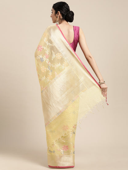 Faishana Presents Handwoven Yellow Masrise Cotton Tilfi Jaal Zari Border With Yellow  Blouse Banarasi Saree