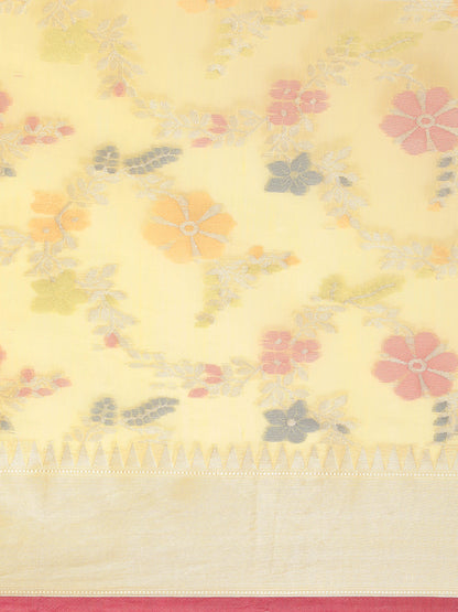 Faishana Presents Handwoven Yellow Masrise Cotton Tilfi Jaal Zari Border With Yellow  Blouse Banarasi Saree