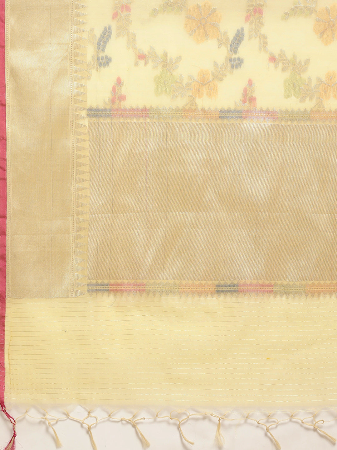 Faishana Presents Handwoven Yellow Masrise Cotton Tilfi Jaal Zari Border With Yellow  Blouse Banarasi Saree