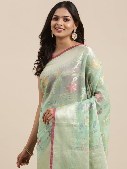 Faishana Presents Handwoven Seagreen Masrise Cotton Tilfi Jaal Zari Border With Seagreen Blouse Banarasi Saree