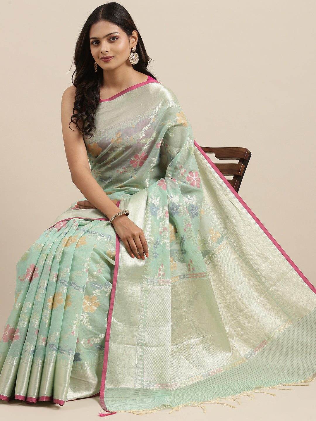 Faishana Presents Handwoven Seagreen Masrise Cotton Tilfi Jaal Zari Border With Seagreen Blouse Banarasi Saree