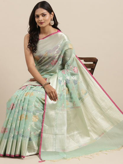 Faishana Presents Handwoven Seagreen Masrise Cotton Tilfi Jaal Zari Border With Seagreen Blouse Banarasi Saree
