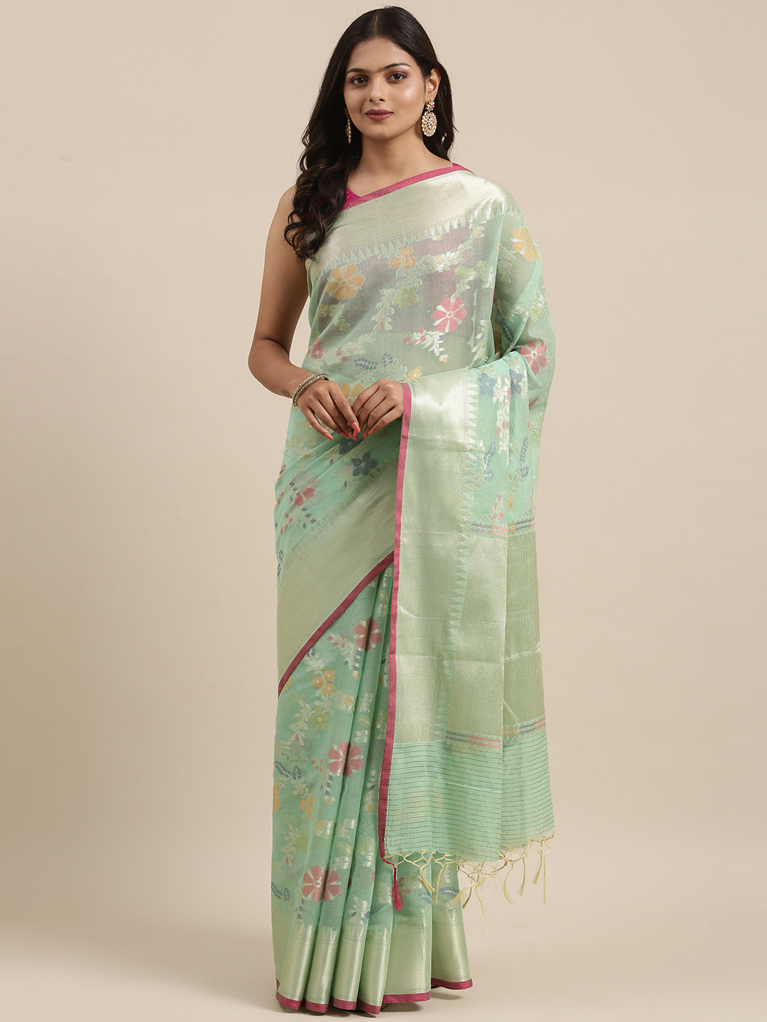 Faishana Presents Handwoven Seagreen Masrise Cotton Tilfi Jaal Zari Border With Seagreen Blouse Banarasi Saree