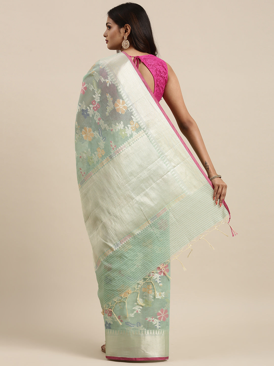 Faishana Presents Handwoven Seagreen Masrise Cotton Tilfi Jaal Zari Border With Seagreen Blouse Banarasi Saree