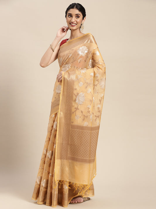 Faishana Presents Handwoven Beige Masrise Cotton Alfi Jaal Zari Border With Beige Blouse Banarasi Saree
