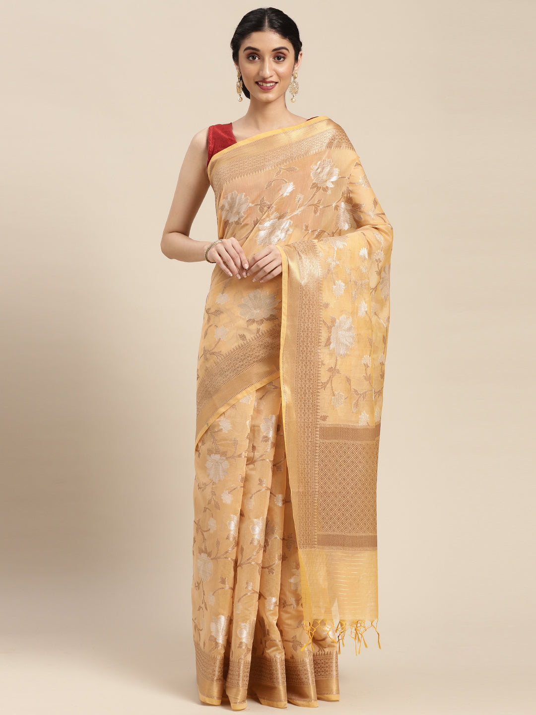 Faishana Presents Handwoven Beige Masrise Cotton Alfi Jaal Zari Border With Beige Blouse Banarasi Saree