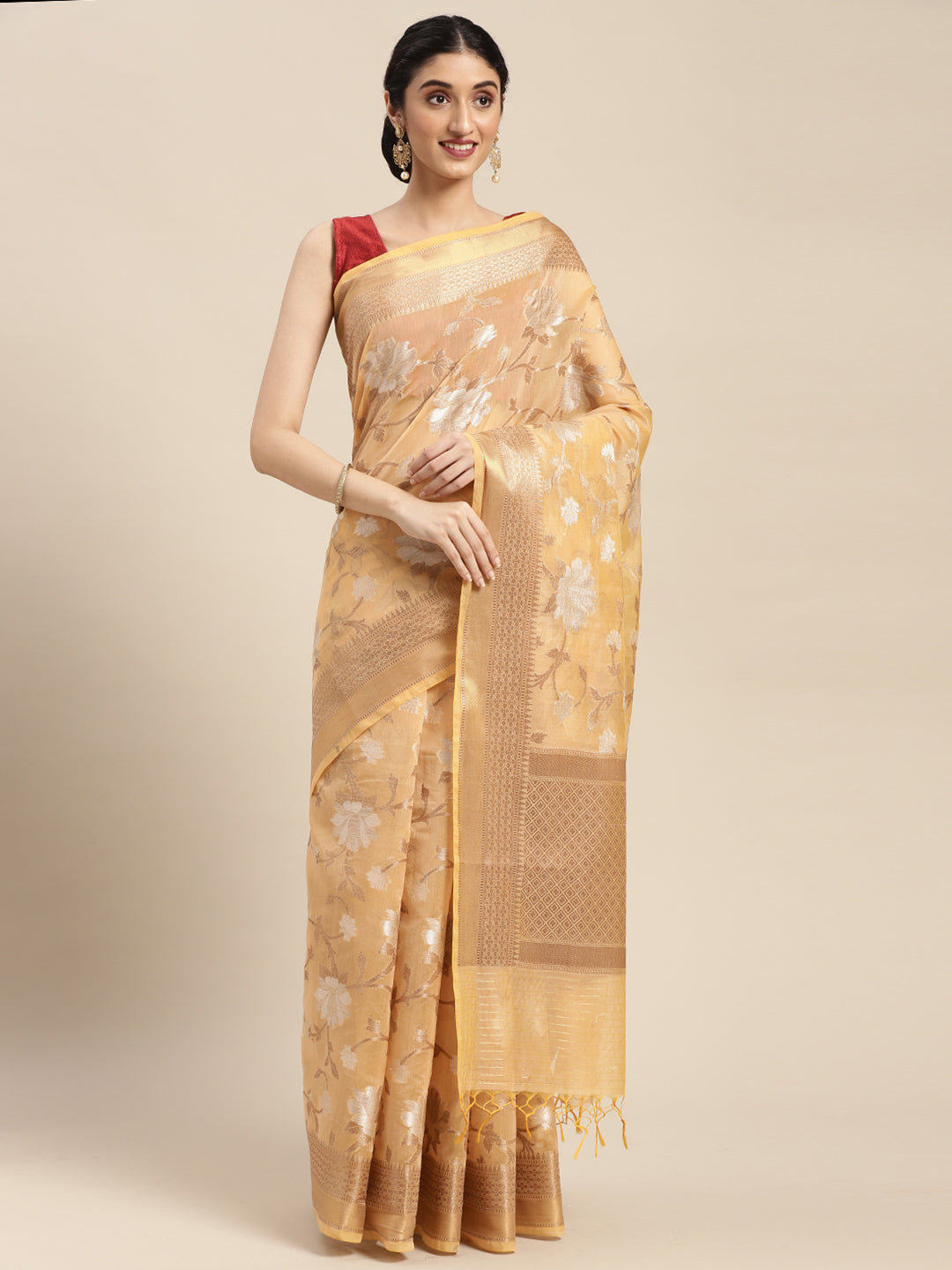 Faishana Presents Handwoven Beige Masrise Cotton Alfi Jaal Zari Border With Beige Blouse Banarasi Saree