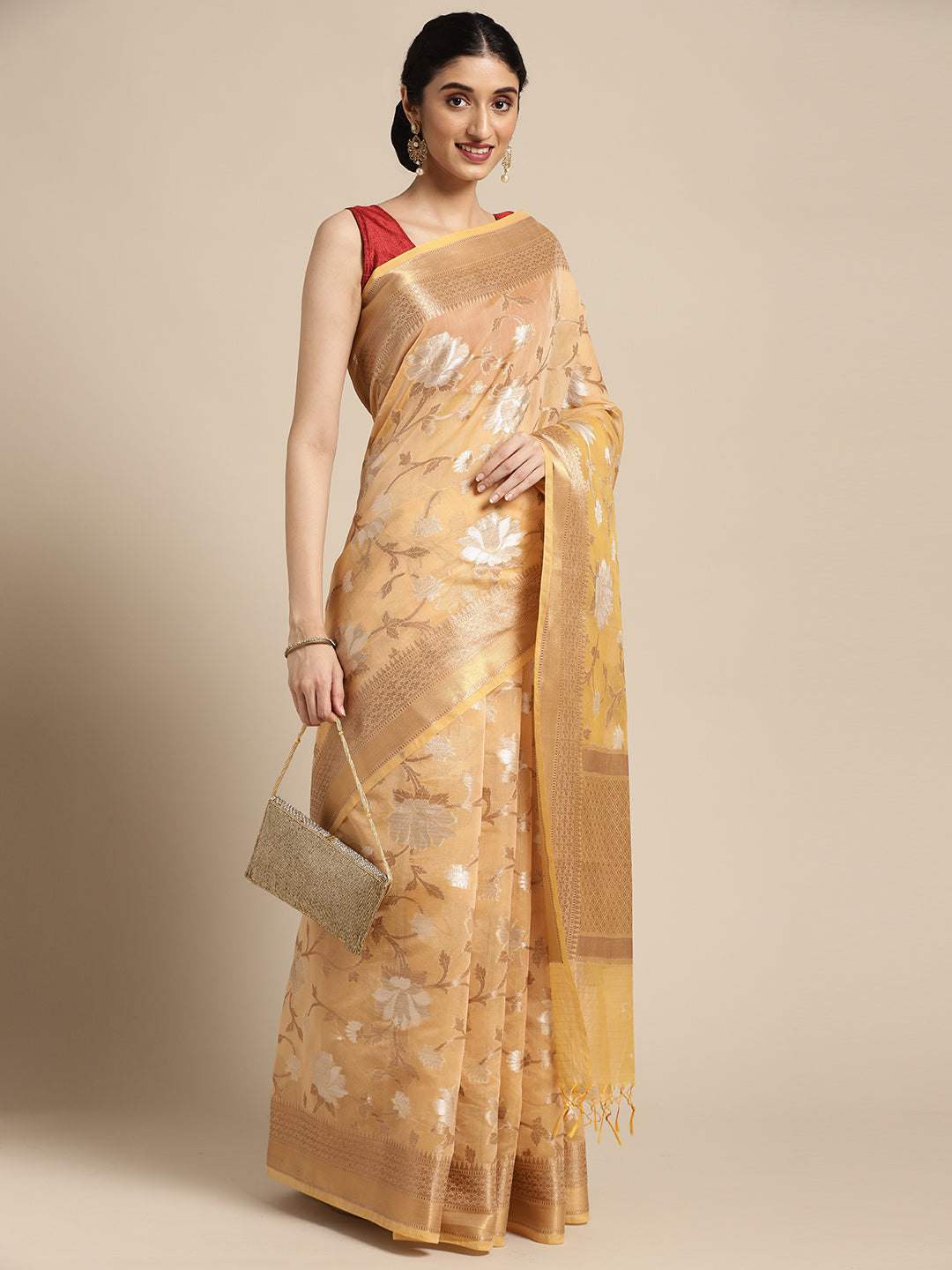Faishana Presents Handwoven Beige Masrise Cotton Alfi Jaal Zari Border With Beige Blouse Banarasi Saree