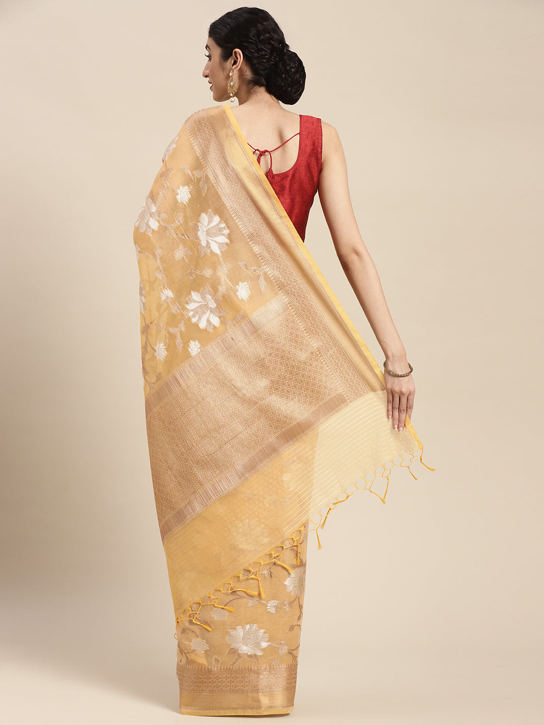 Faishana Presents Handwoven Beige Masrise Cotton Alfi Jaal Zari Border With Beige Blouse Banarasi Saree