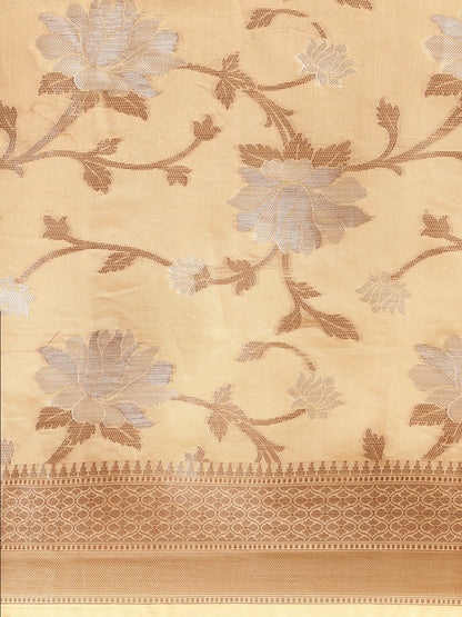 Faishana Presents Handwoven Beige Masrise Cotton Alfi Jaal Zari Border With Beige Blouse Banarasi Saree