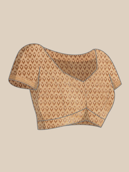 Faishana Presents Handwoven Beige Masrise Cotton Alfi Jaal Zari Border With Beige Blouse Banarasi Saree
