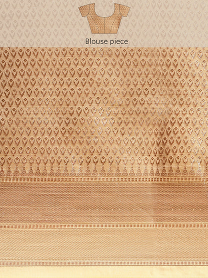 Faishana Presents Handwoven Beige Masrise Cotton Alfi Jaal Zari Border With Beige Blouse Banarasi Saree