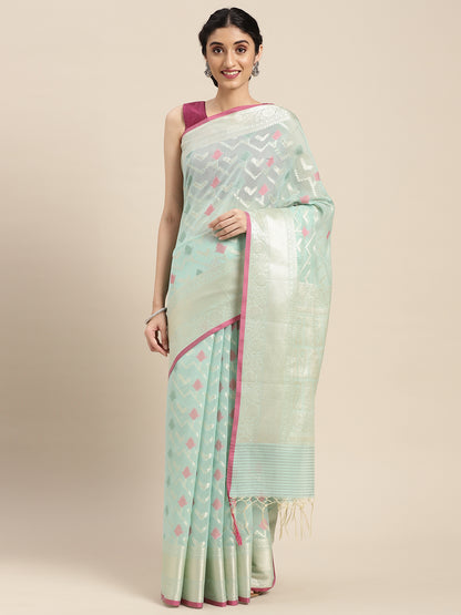 Faishana Presents Handwoven Seagreen Masrise Cotton Zig-Zag Jaal Zari Border With Seagreen Blouse Banarasi Saree