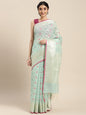 Faishana Presents Handwoven Seagreen Masrise Cotton Zig-Zag Jaal Zari Border With Seagreen Blouse Banarasi Saree
