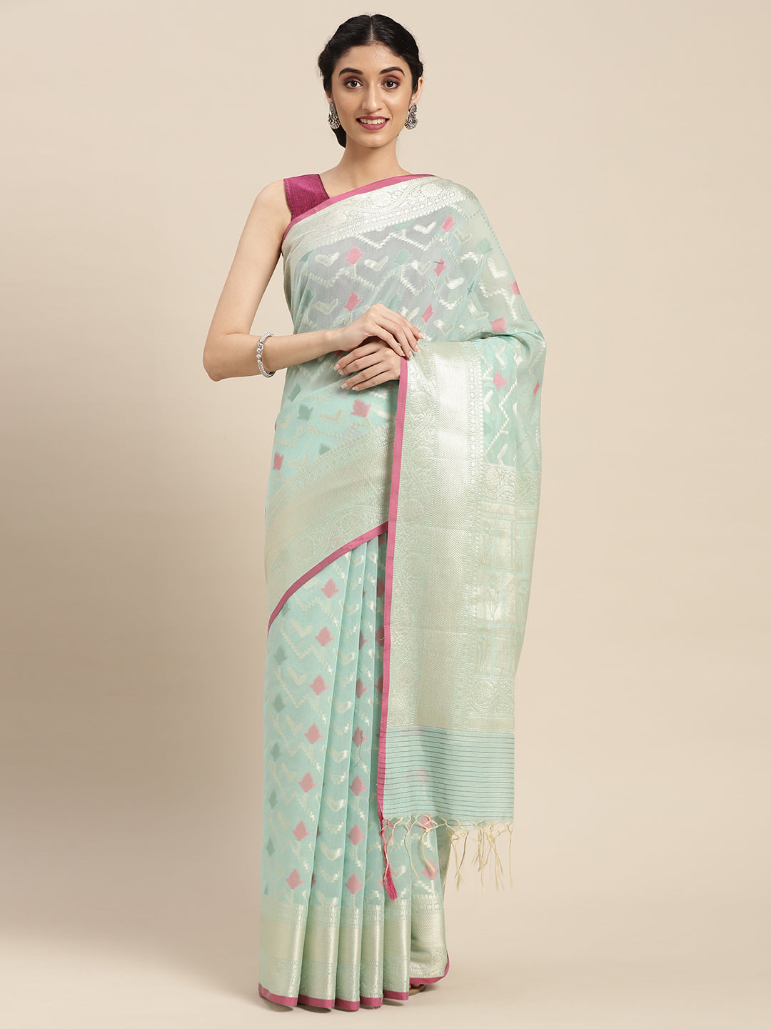 Faishana Presents Handwoven Seagreen Masrise Cotton Zig-Zag Jaal Zari Border With Seagreen Blouse Banarasi Saree