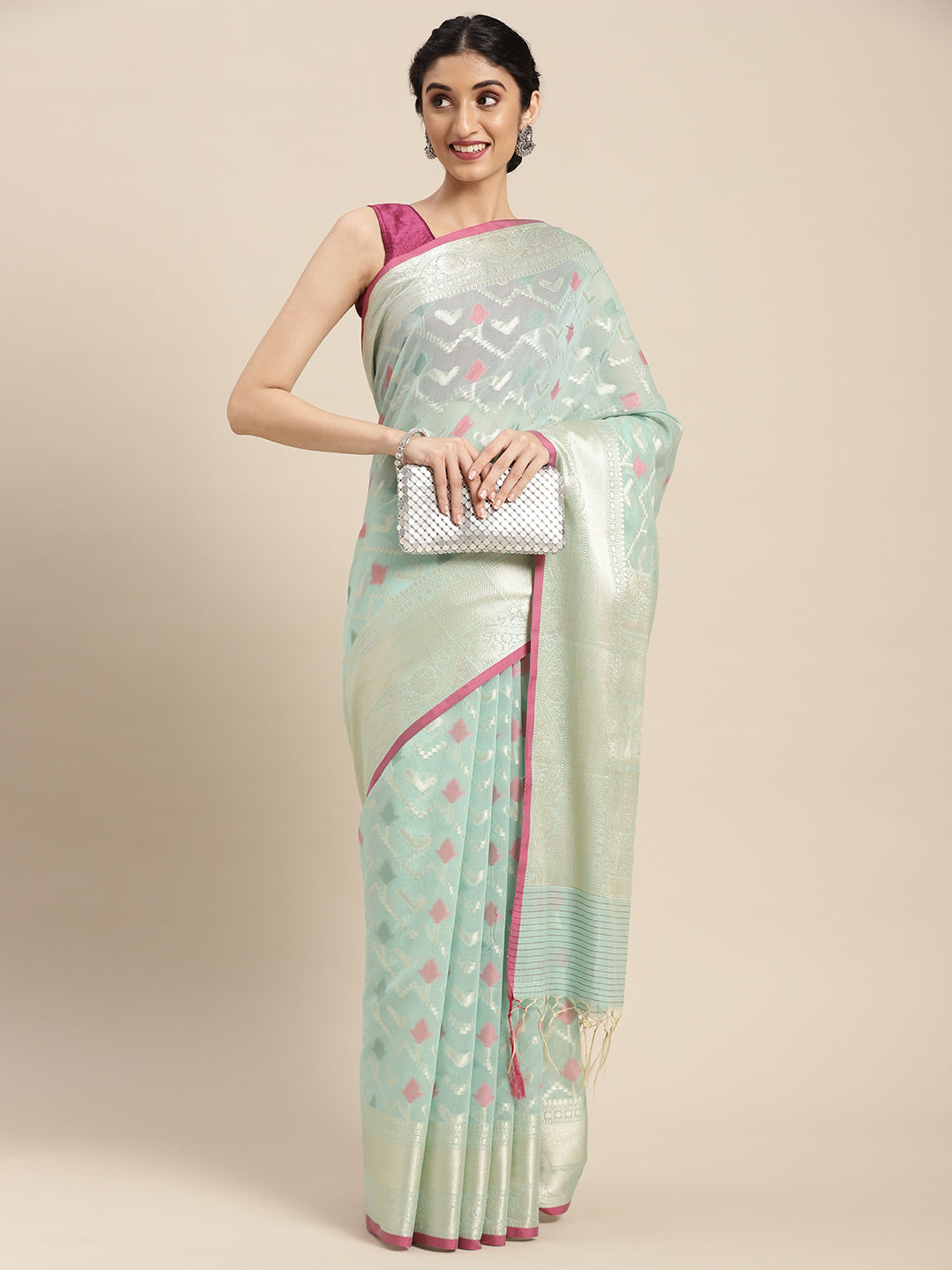 Faishana Presents Handwoven Seagreen Masrise Cotton Zig-Zag Jaal Zari Border With Seagreen Blouse Banarasi Saree