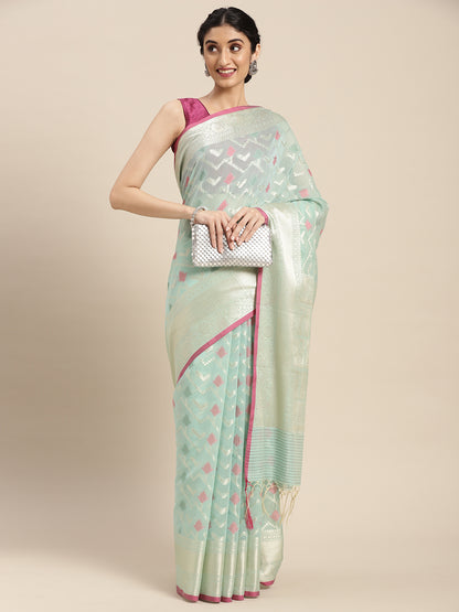 Faishana Presents Handwoven Seagreen Masrise Cotton Zig-Zag Jaal Zari Border With Seagreen Blouse Banarasi Saree