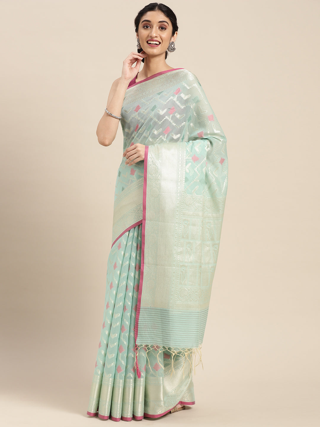 Faishana Presents Handwoven Seagreen Masrise Cotton Zig-Zag Jaal Zari Border With Seagreen Blouse Banarasi Saree