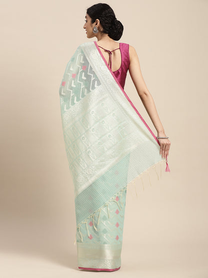 Faishana Presents Handwoven Seagreen Masrise Cotton Zig-Zag Jaal Zari Border With Seagreen Blouse Banarasi Saree