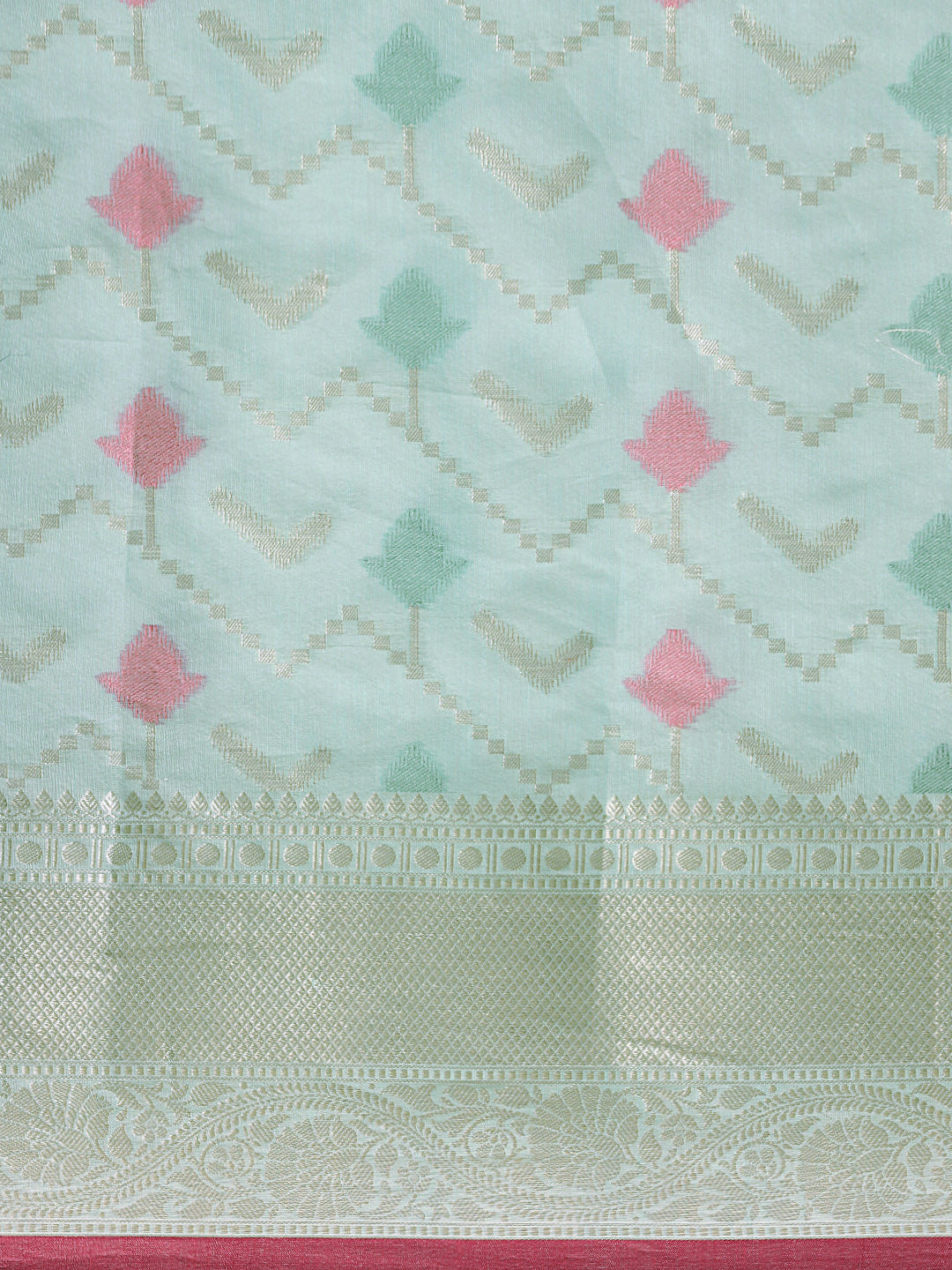 Faishana Presents Handwoven Seagreen Masrise Cotton Zig-Zag Jaal Zari Border With Seagreen Blouse Banarasi Saree