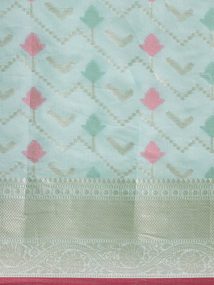 Faishana Presents Handwoven Seagreen Masrise Cotton Zig-Zag Jaal Zari Border With Seagreen Blouse Banarasi Saree