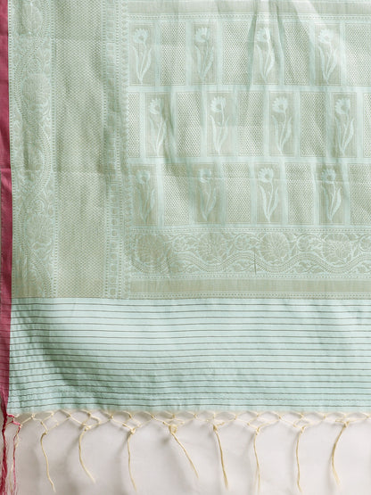 Faishana Presents Handwoven Seagreen Masrise Cotton Zig-Zag Jaal Zari Border With Seagreen Blouse Banarasi Saree
