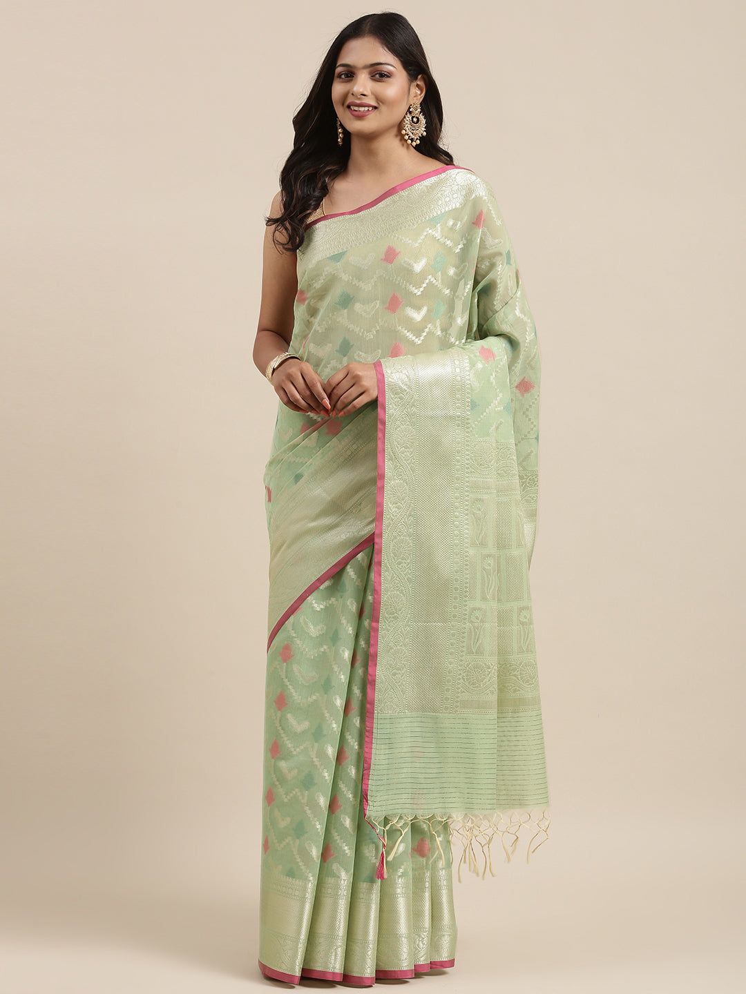 Faishana Presents Handwoven Pistachio Masrise Cotton Zig-Zag Jaal Zari Border With Pistachio Blouse Banarasi Saree
