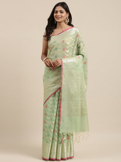 Faishana Presents Handwoven Pistachio Masrise Cotton Zig-Zag Jaal Zari Border With Pistachio Blouse Banarasi Saree