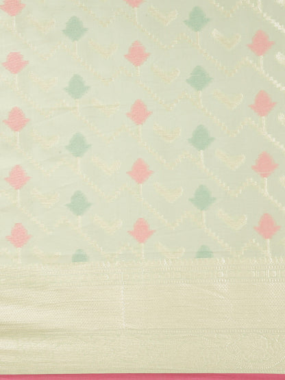 Faishana Presents Handwoven Pistachio Masrise Cotton Zig-Zag Jaal Zari Border With Pistachio Blouse Banarasi Saree