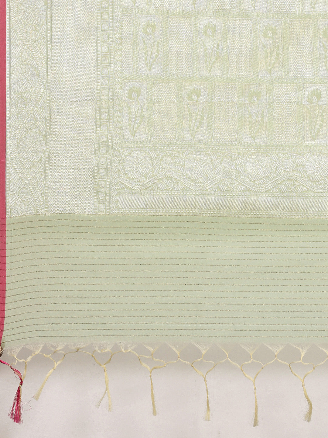 Faishana Presents Handwoven Pistachio Masrise Cotton Zig-Zag Jaal Zari Border With Pistachio Blouse Banarasi Saree
