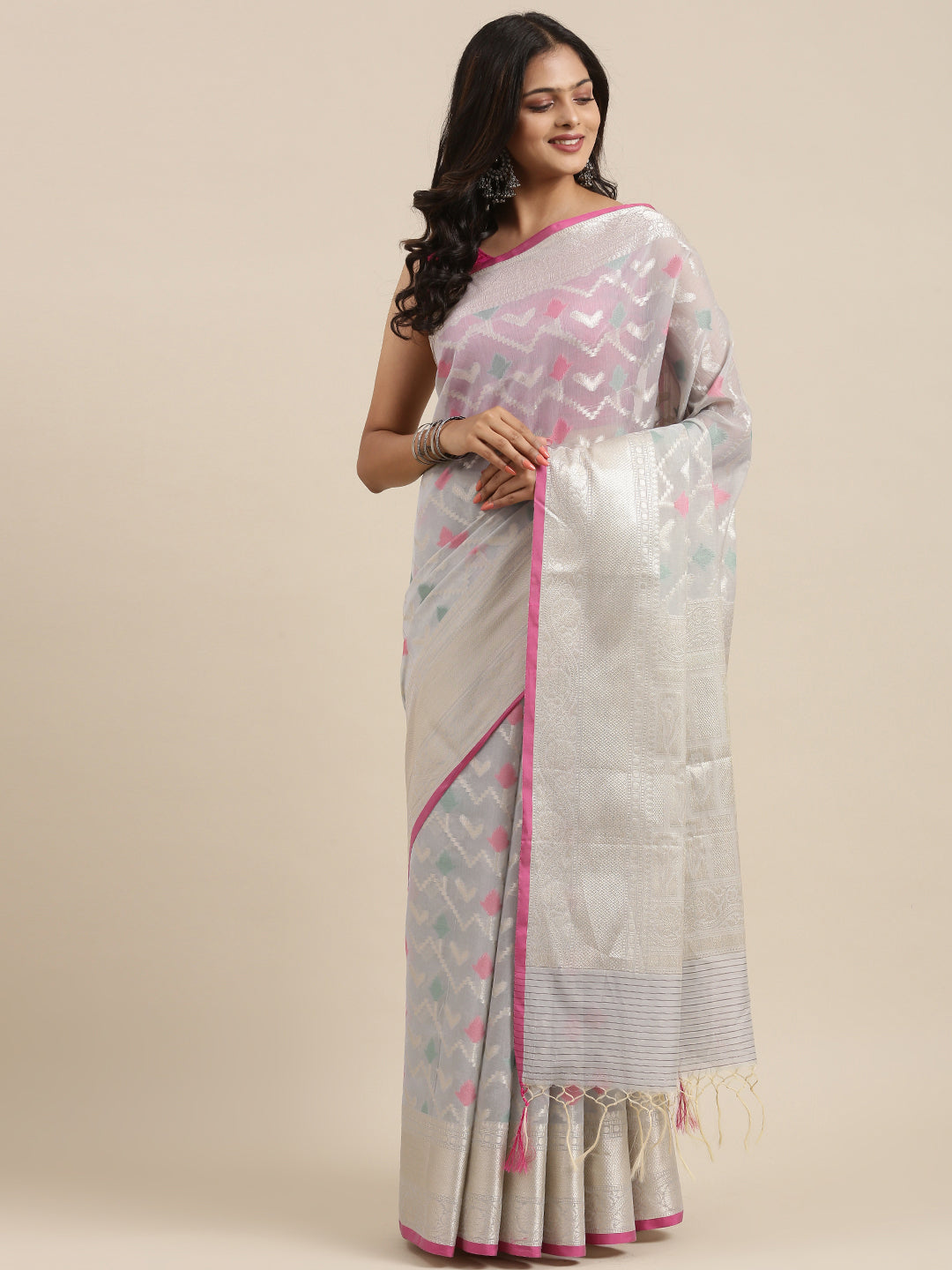 Faishana Presents Handwoven Grey Masrise Cotton Zig-Zag Jaal Zari Border With Grey Blouse Banarasi Saree