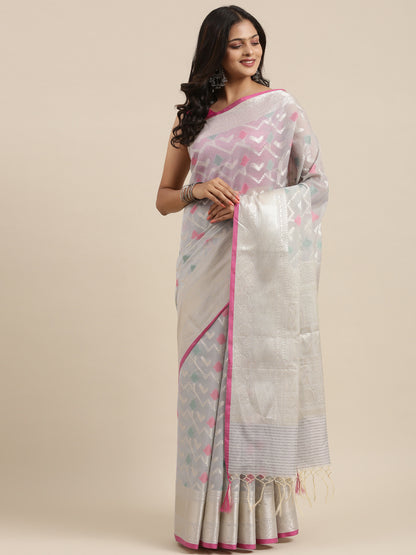 Faishana Presents Handwoven Grey Masrise Cotton Zig-Zag Jaal Zari Border With Grey Blouse Banarasi Saree