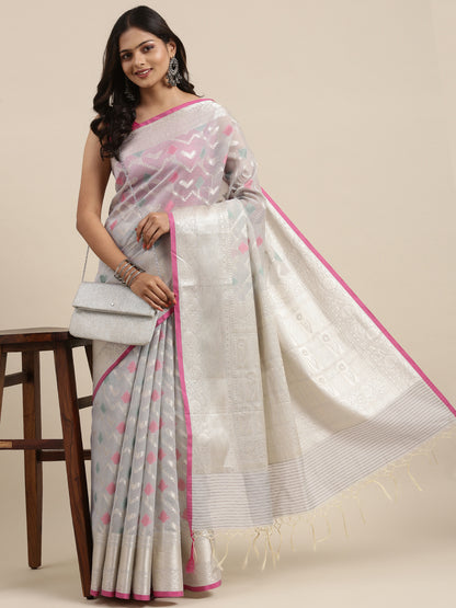Faishana Presents Handwoven Grey Masrise Cotton Zig-Zag Jaal Zari Border With Grey Blouse Banarasi Saree