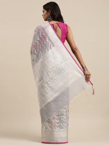 Faishana Presents Handwoven Grey Masrise Cotton Zig-Zag Jaal Zari Border With Grey Blouse Banarasi Saree
