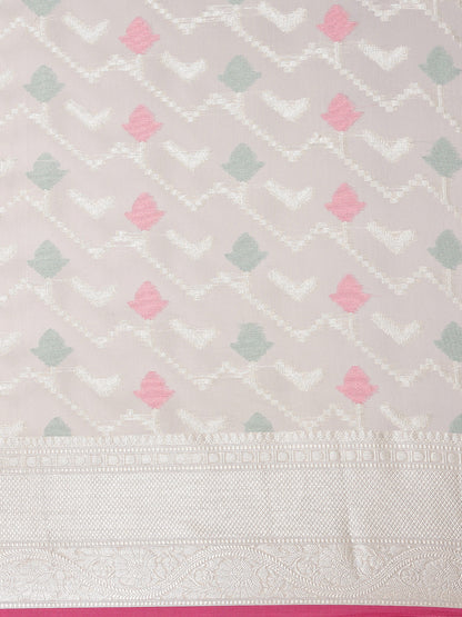 Faishana Presents Handwoven Grey Masrise Cotton Zig-Zag Jaal Zari Border With Grey Blouse Banarasi Saree