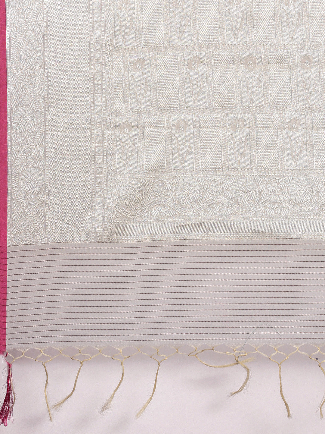 Faishana Presents Handwoven Grey Masrise Cotton Zig-Zag Jaal Zari Border With Grey Blouse Banarasi Saree