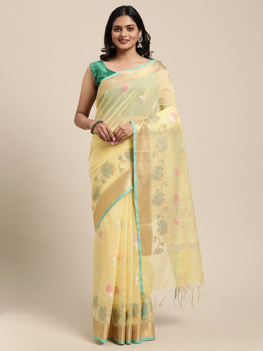 Faishana Presents Handwoven Yellow Masrise Cotton Tilfi Boota Alfi Skirt Border With Yellow Blouse Banarasi Saree