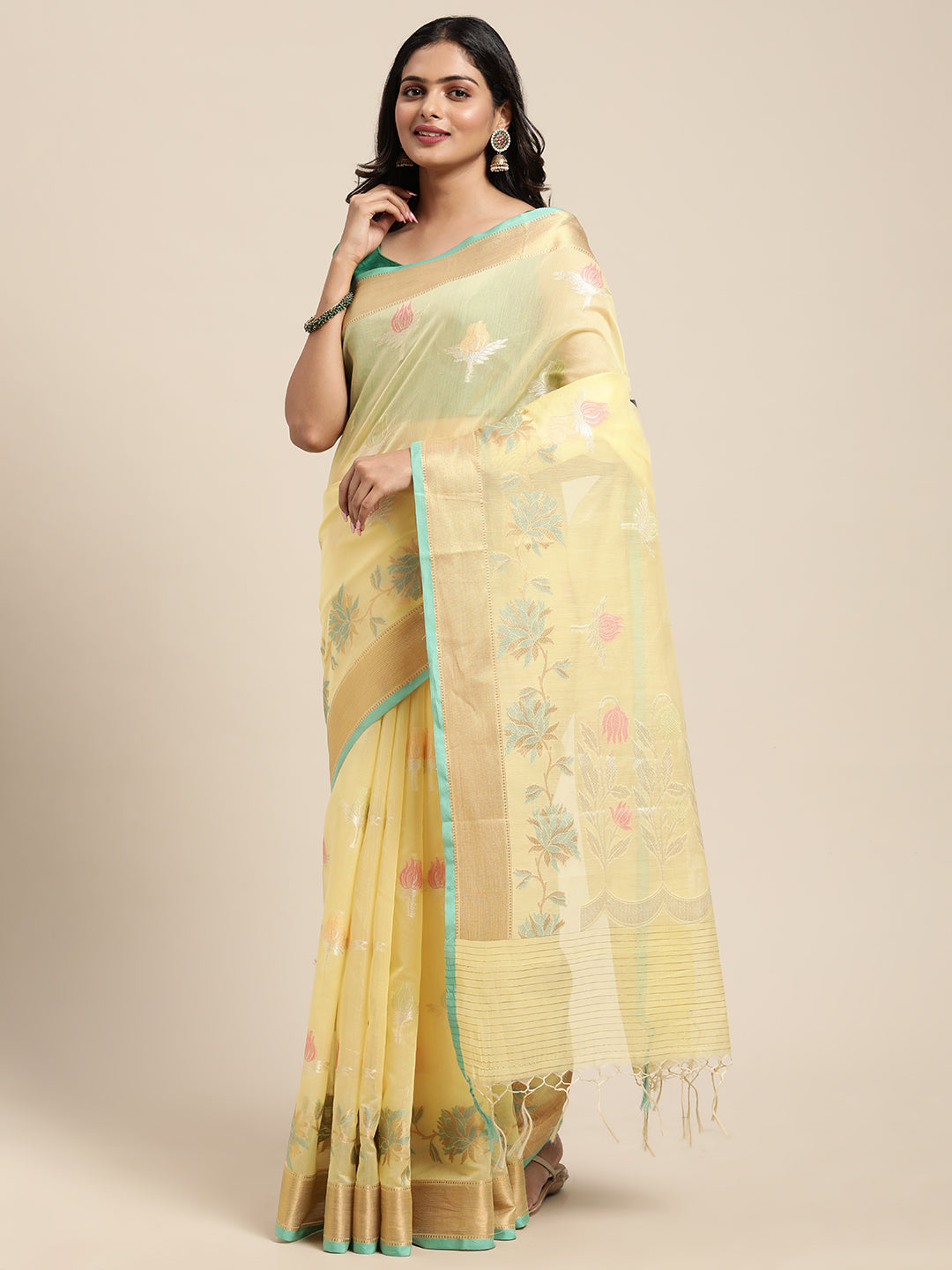 Faishana Presents Handwoven Yellow Masrise Cotton Tilfi Boota Alfi Skirt Border With Yellow Blouse Banarasi Saree