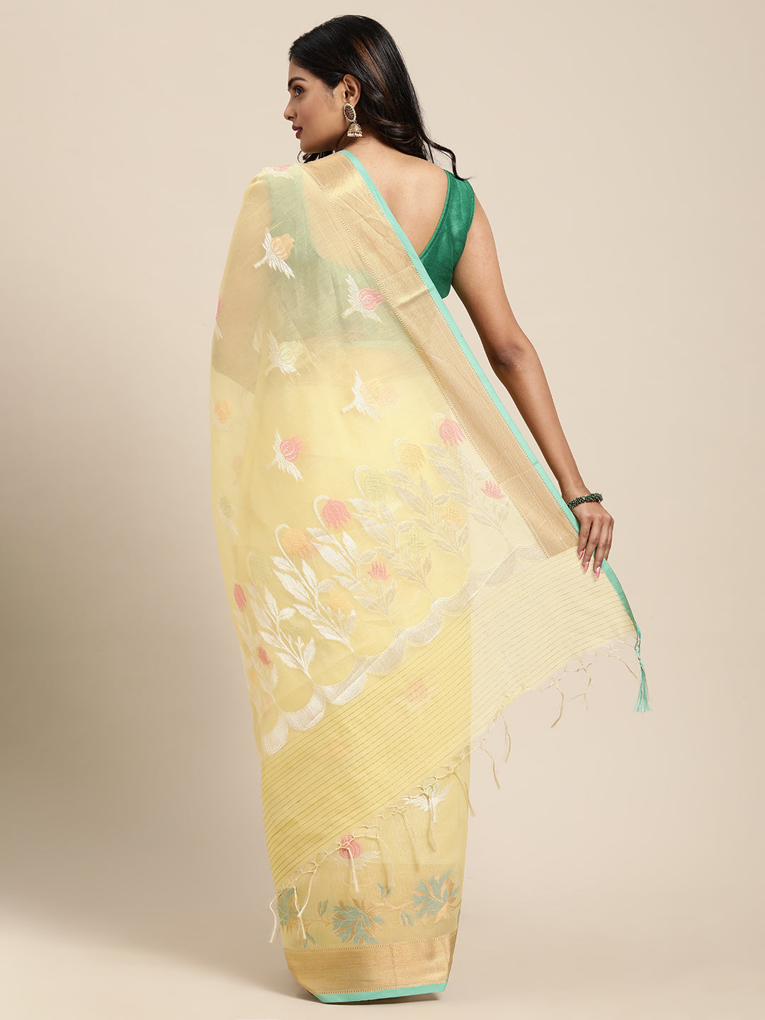 Faishana Presents Handwoven Yellow Masrise Cotton Tilfi Boota Alfi Skirt Border With Yellow Blouse Banarasi Saree