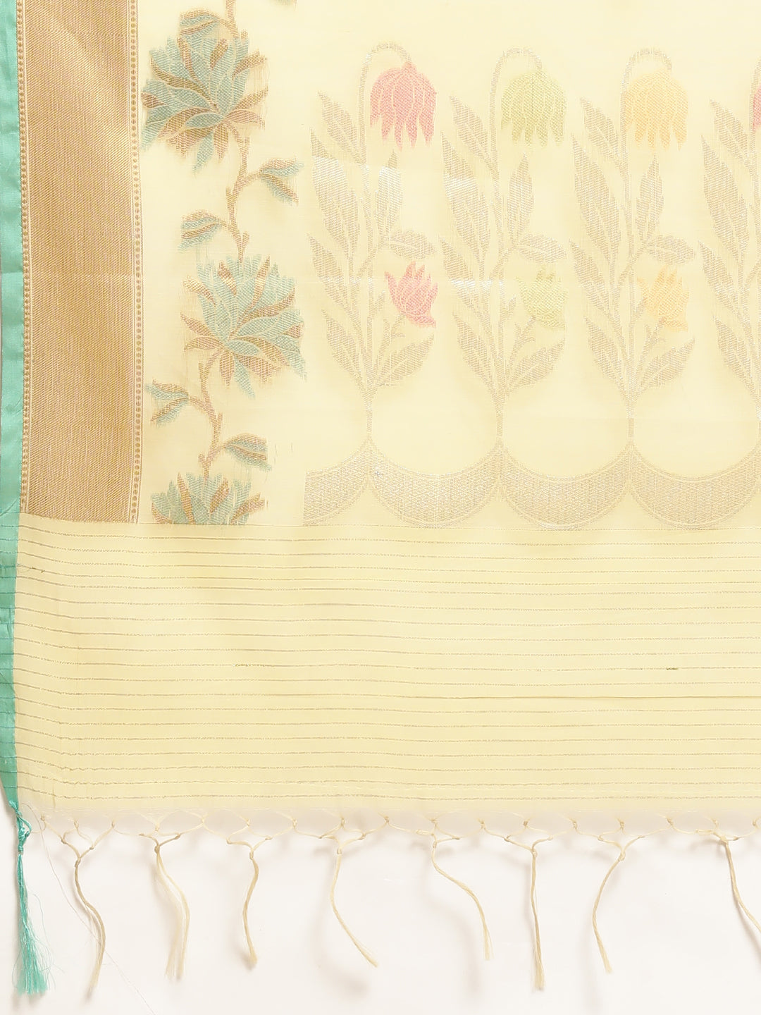 Faishana Presents Handwoven Yellow Masrise Cotton Tilfi Boota Alfi Skirt Border With Yellow Blouse Banarasi Saree