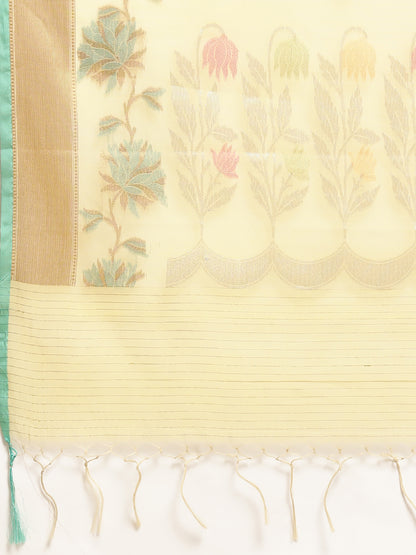 Faishana Presents Handwoven Yellow Masrise Cotton Tilfi Boota Alfi Skirt Border With Yellow Blouse Banarasi Saree