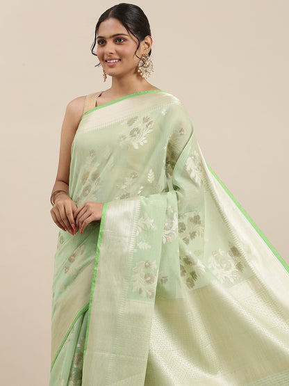 Faishana Presents Handwoven Pistachio Masrise Cotton Alfi Boota Zari Border With Pistachio Blouse Banarasi Saree