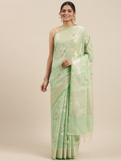 Faishana Presents Handwoven Pistachio Masrise Cotton Alfi Boota Zari Border With Pistachio Blouse Banarasi Saree