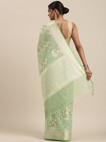 Faishana Presents Handwoven Pistachio Masrise Cotton Alfi Boota Zari Border With Pistachio Blouse Banarasi Saree