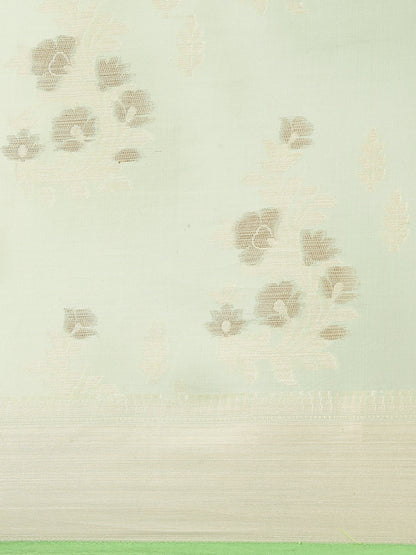 Faishana Presents Handwoven Pistachio Masrise Cotton Alfi Boota Zari Border With Pistachio Blouse Banarasi Saree